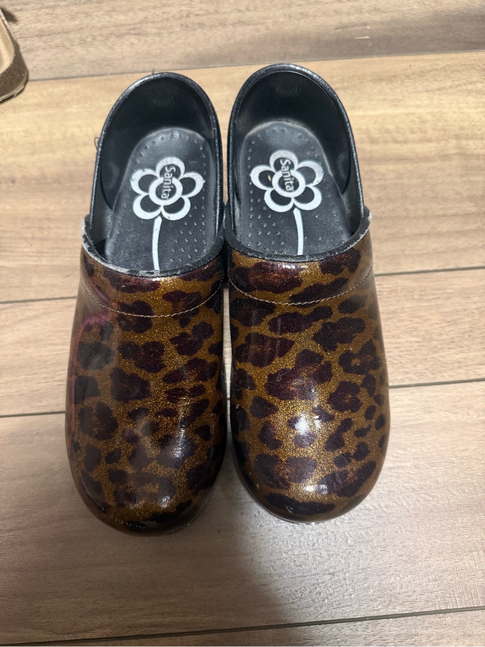Sanita womens Leopard Print Clogs in Brown and Black